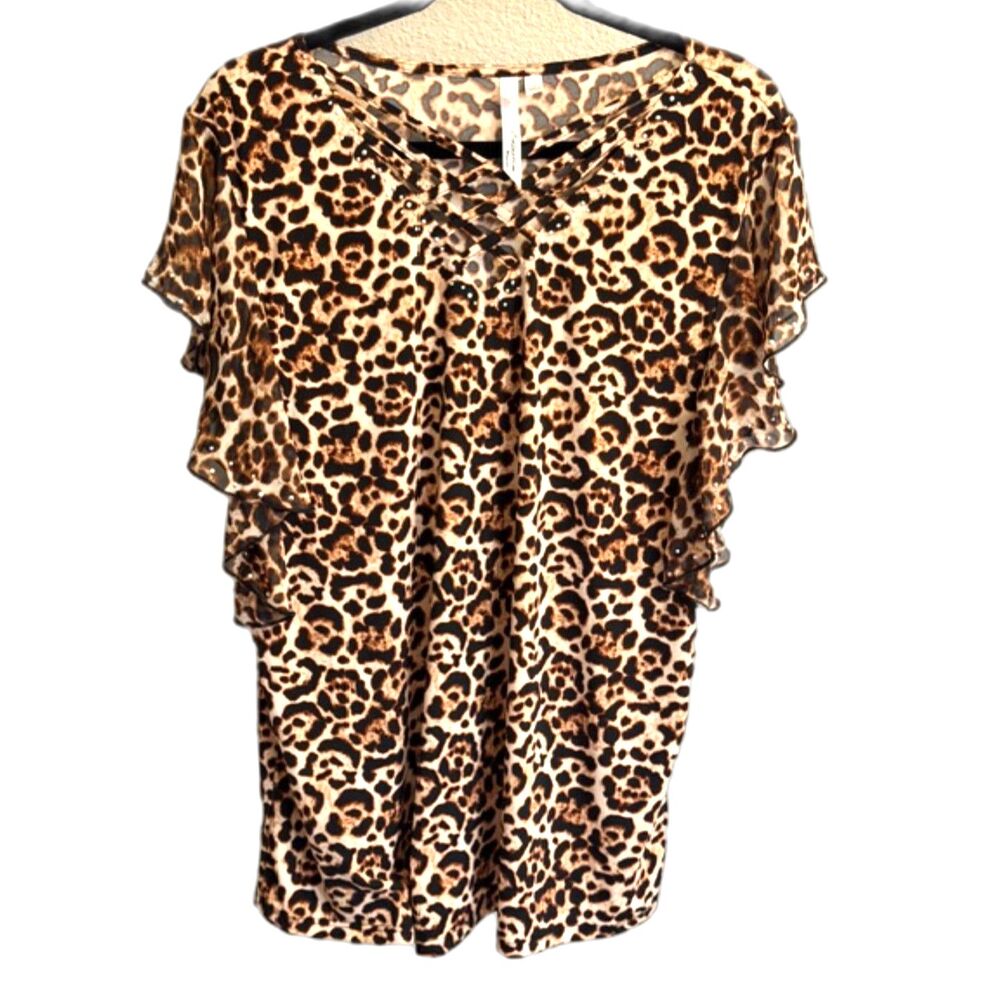 NY Collection Leopard Print Blouse 1X Plus Size Ruffle Sleeve Animal Print